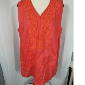Elie Tahari Sleeveless Linen Embroidered Tunic Colorful Peasant Boho Festival